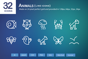 32 Animals Line Icons