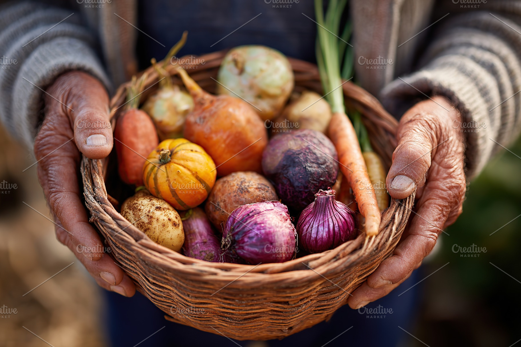Hands holding a basket filled with colorful vegetables during a harvest celebra, a Photo by AlyaAnd