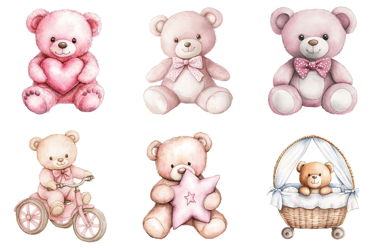 Watercolor Pink Cute Blush Teddy, an Illustration by DreamArtGraphic (Photo 4 of 4)