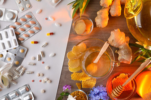 Comparison between chemical medicine and herbal medicine on tabl, a Food & Drink Photo by Davizro's Market