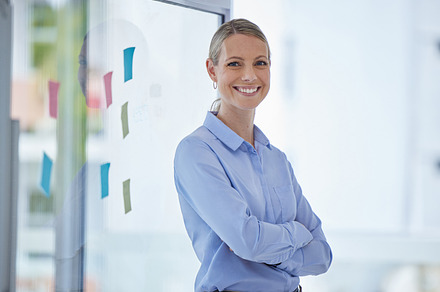 Female leadership, innovation and project management manager or businesswoman portrait in office workplace. Happy business leader with a vision for success, corporate growth and company development, a Photo by Peopleimages.com
