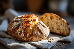 Freshly baked grain sourdough bread with seeds resting on linen cloth, a Photo by AlyaAnd