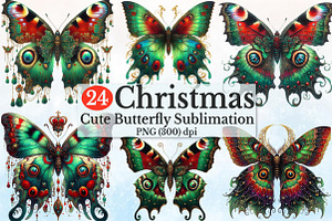 Watercolor Christmas Butterfly Clipa