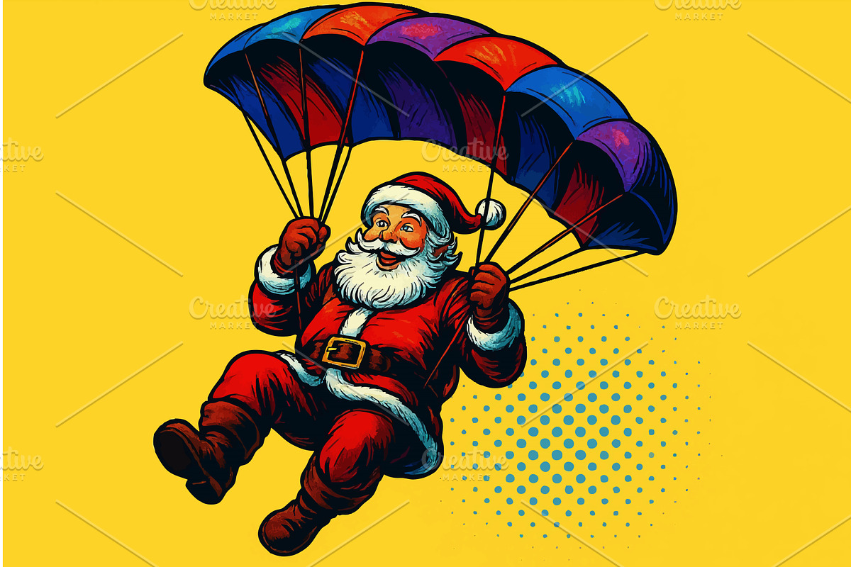 Santa Claus parachuting vector, an Illustration by AlexArt