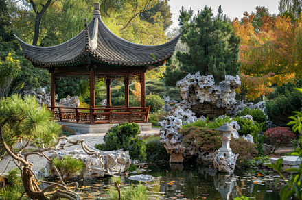 A Chinese garden featuring a pagoda, a Photo by Iftikhar Alam