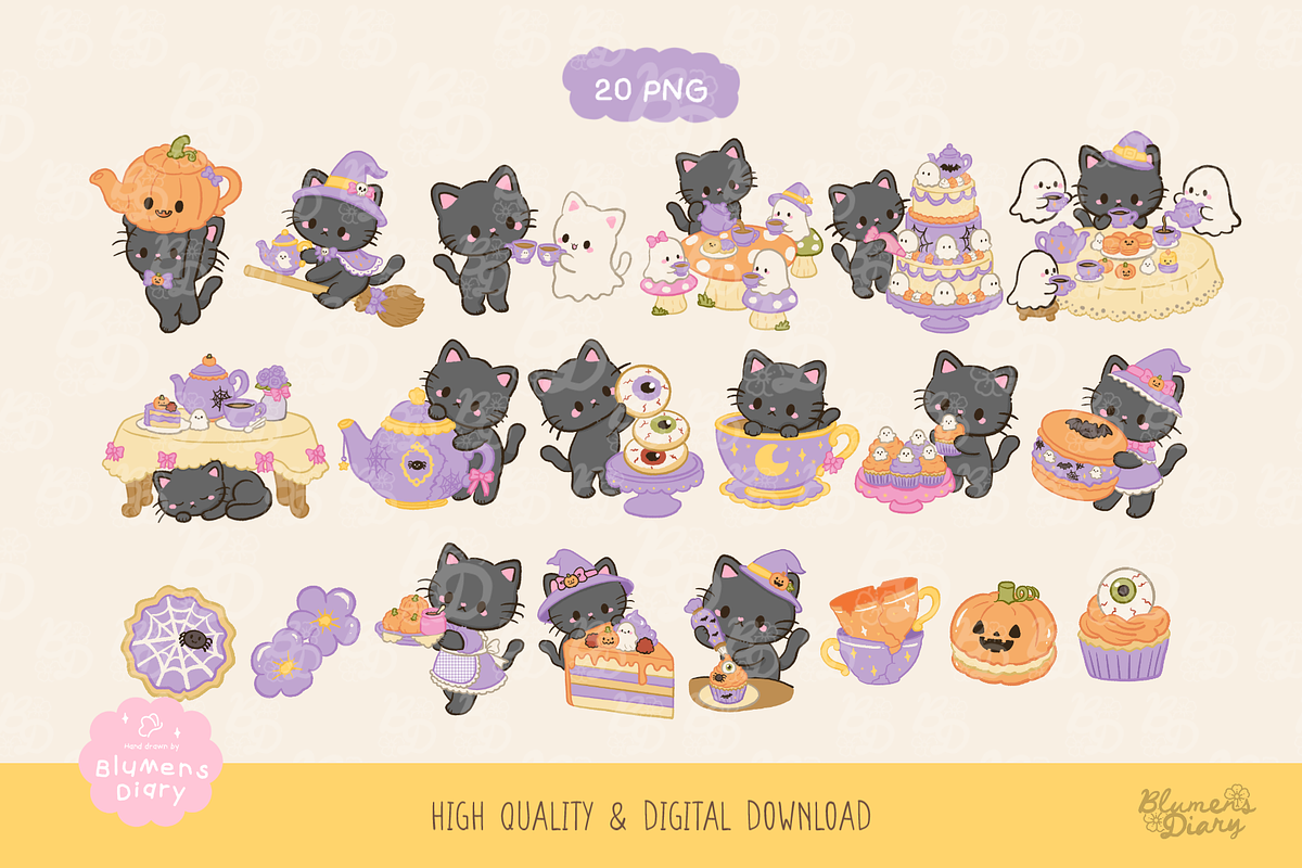 Haunted Tea Party Black Cat Clipart, a Seasonal Illustration by Blumensdiary (Photo 2 of 6)