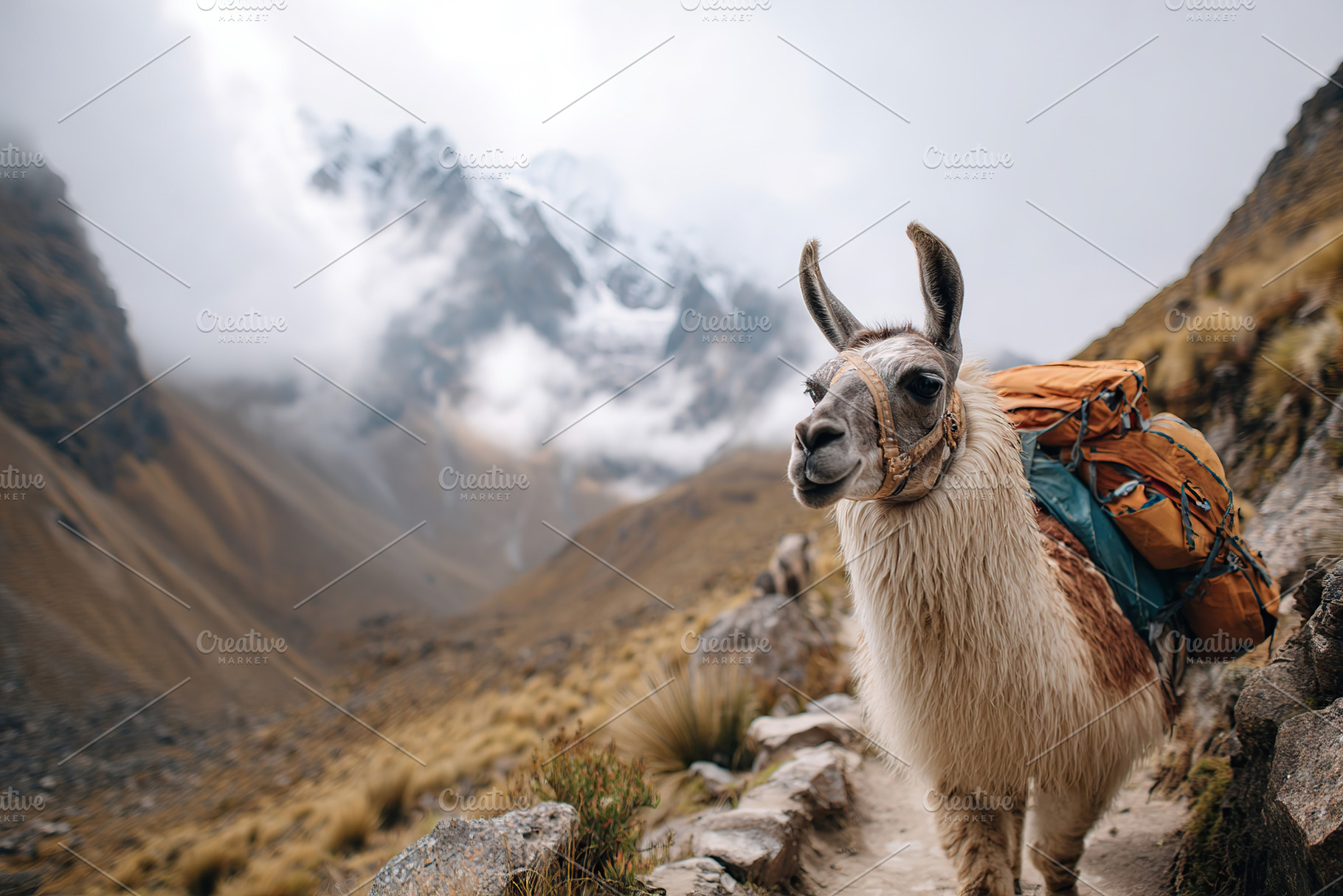 Llama with backpack trekking through the Andes mountains in misty weather, an Animal Photo by AlyaAnd