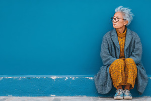 Contemplative senior woman sitting by a blue wall in a mustard yellow outfit an, a Photo by AS photostudio