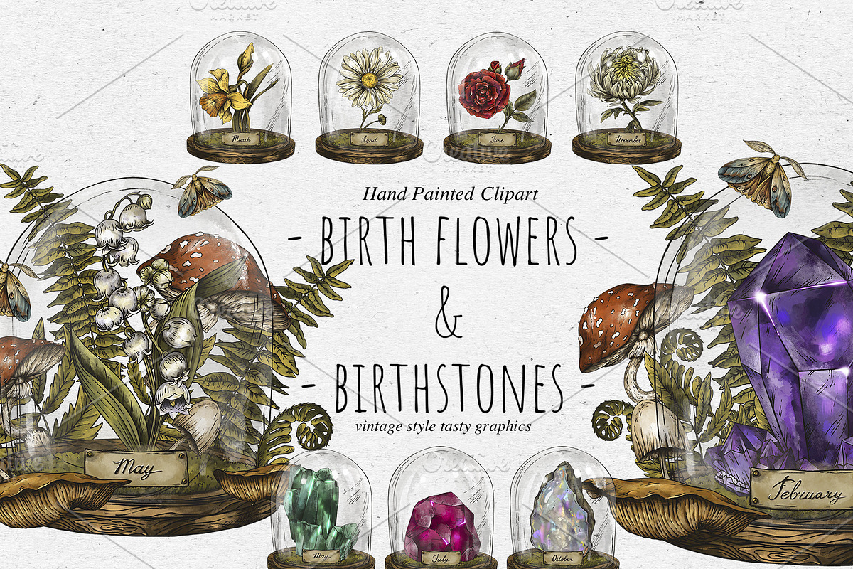 Birth Flowers & Birthstone Clipart, an Illustration by Belusuab (Photo 1 of 16)