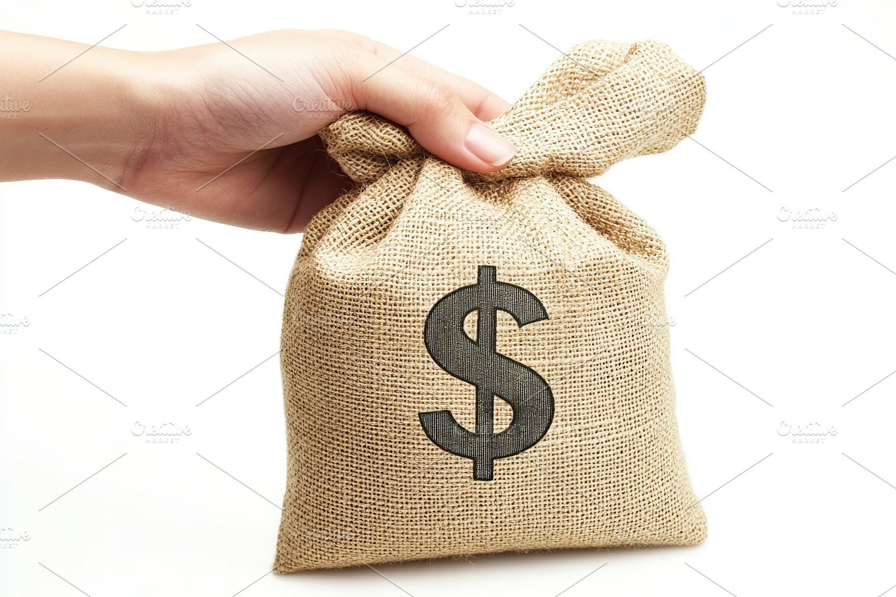 Female hand holding burlap bag with dollar symbol and banknotes on white backgr, a Business Photo by AlyaAnd