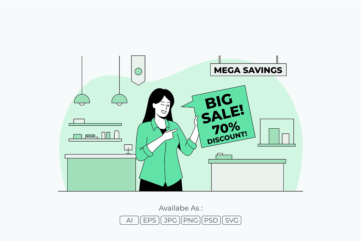 Woman Holding Big Sale Sign Vector, a Person Illustration by Partikusi Design (Photo 2 of 3)