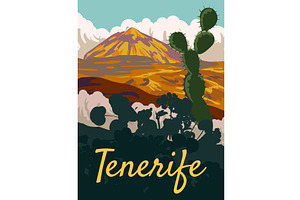 Travel Retro Poster Tenerife, view, a Transportation Illustration by Vector_Up