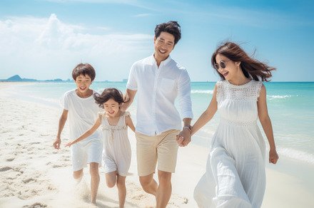 Happy asian family running on the be, a Photo by Iftikhar Alam