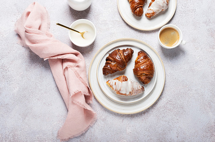 Various Italian croissant with coffee, a Food & Drink Photo by oxana.denezhkina