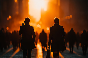 Silhouettes of professionals walking at sunrise in a bustling urban street, a Business Photo by AS photostudio