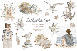 SALTWATER SOUL watercolor clipart, a Decorative Illustration by long summer