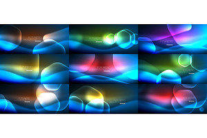 Set Of Abstract Backgrounds - Geometric Neon Glowing Glass Hexagons Designs