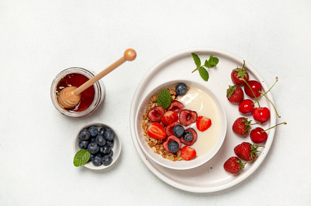 breakfast with muesli, yoghurt and f, a Food & Drink Photo by natashamam