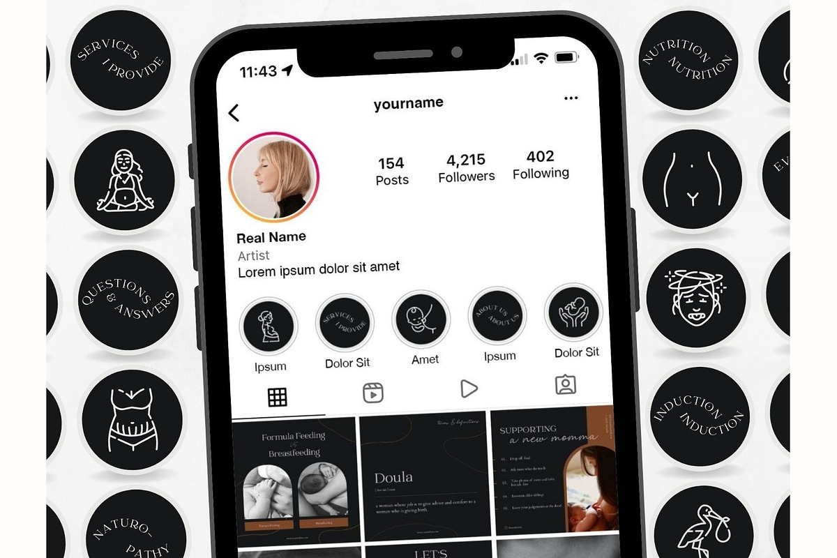 75 Doula Istagram Highlights Dark, a Social Media Template by PatternLab. (Photo 5 of 9)