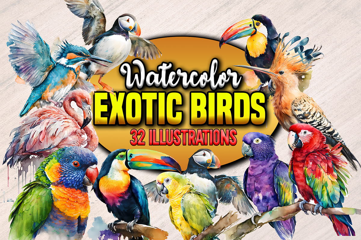 Watercolor Exotic Bids - 32 PNGs, an Animal Illustration by Leakedink (Photo 1 of 3)