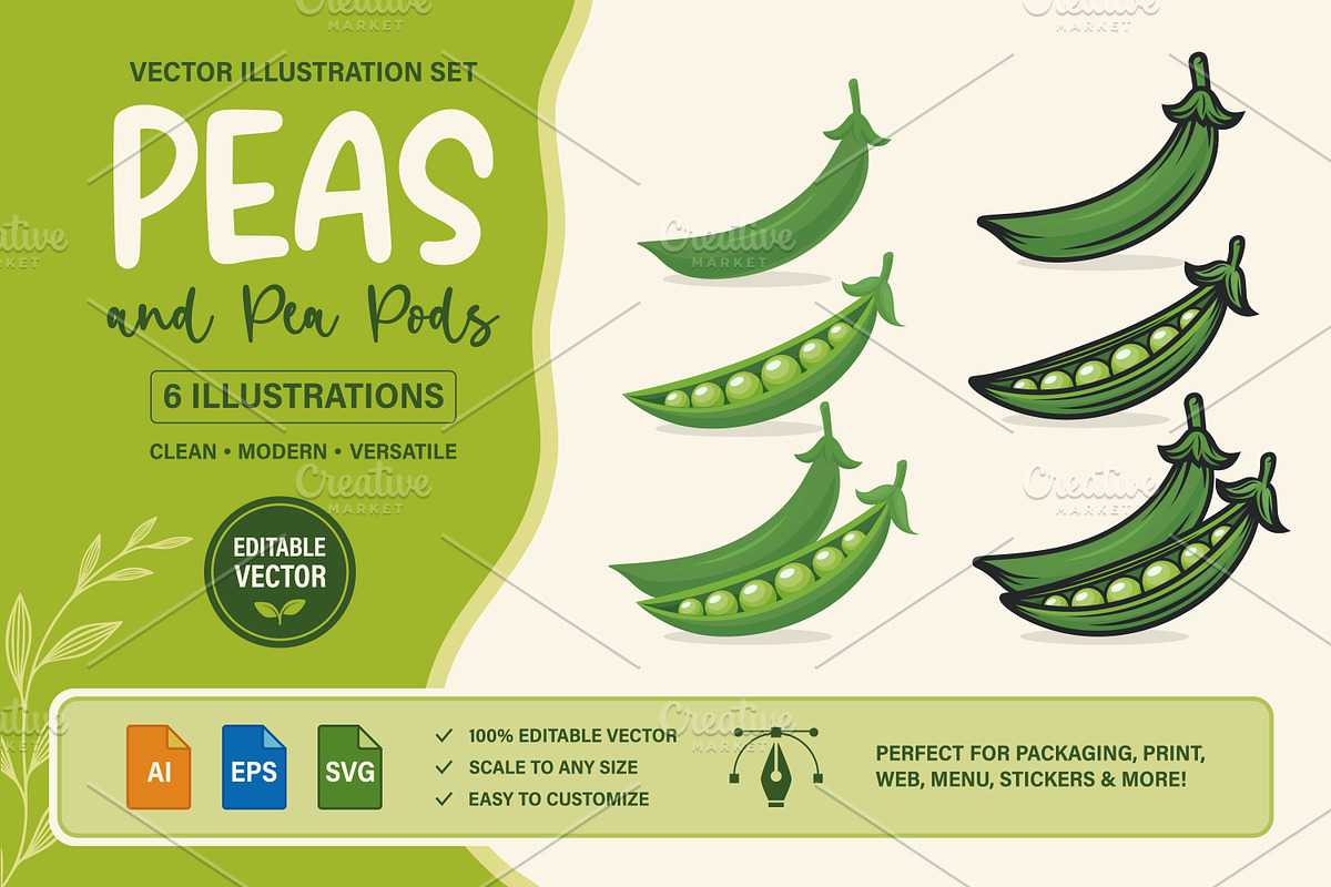 Green Peas and Pea Pods Vector Set, an Object Graphic by Gomolach (Photo 1 of 7)