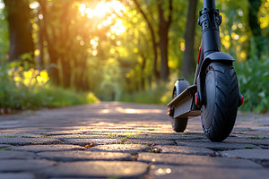 Electric scooters parked in the park, a Transportation Photo by AlyaAnd