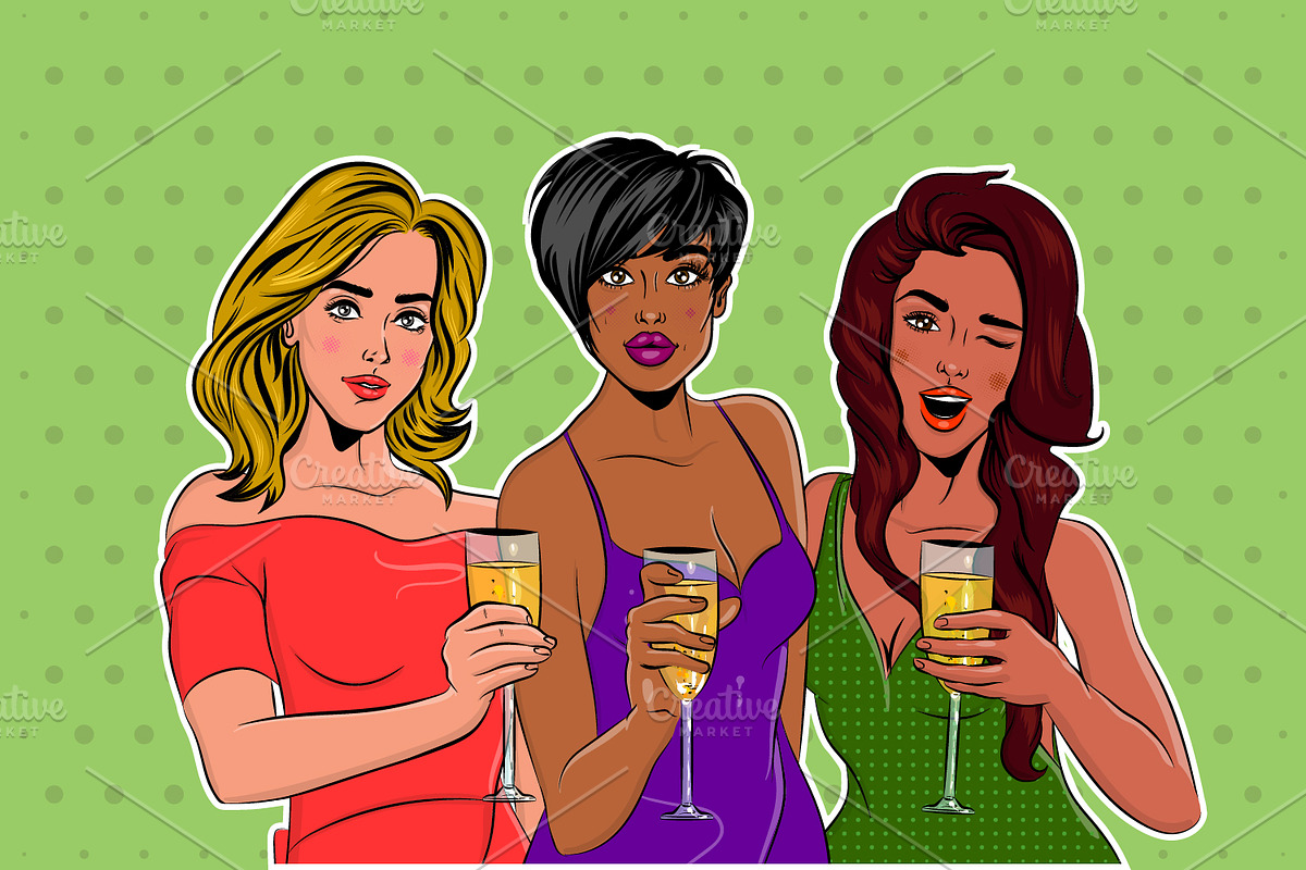 Three Pop Art girls have party, a Food Illustration by Kapitosh