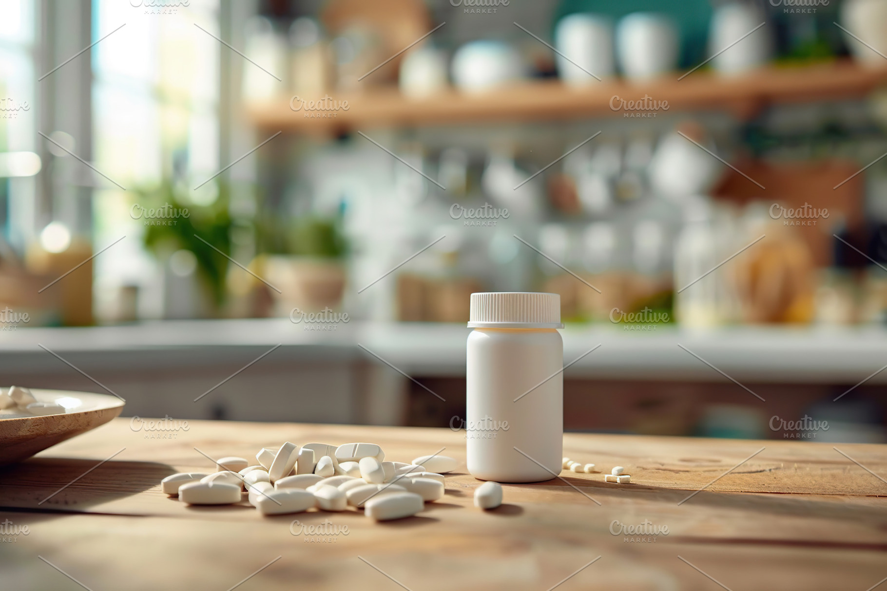 Medicine pills in white bottle on table in the kitchen, a Health & Medical Photo by AlyaAnd
