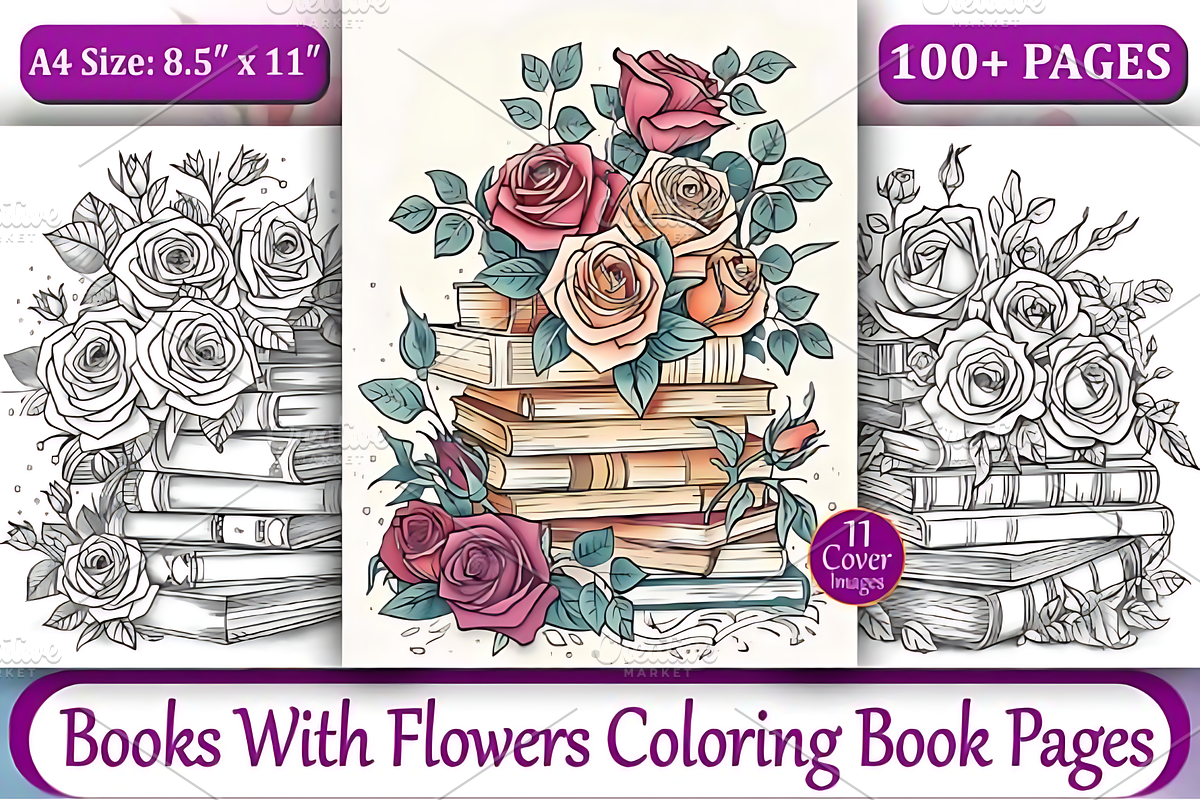 Books with Flowers Coloring Book, a Decorative Illustration by Design Station (Photo 1 of 4)