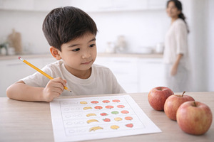 Child engaging with educational work, a Photo by Dvoevnore photos