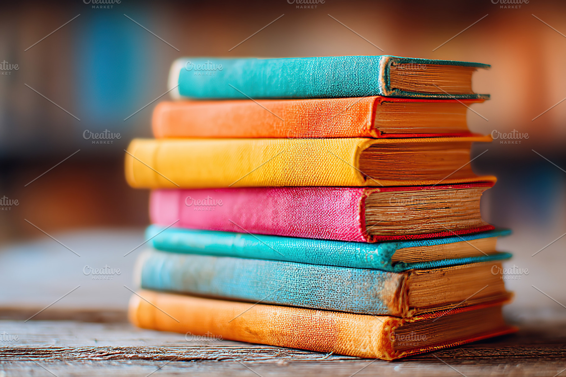 Colorful stack of antique books on a rustic wooden table at a cozy library, a Photo by AlyaAnd