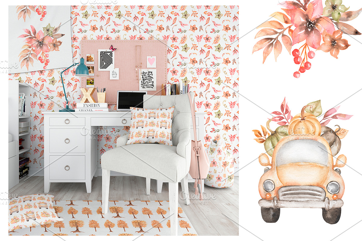 Watercolor Warm Autumn Collection, a Transportation Illustration by MayaNavits (Photo 7 of 10)