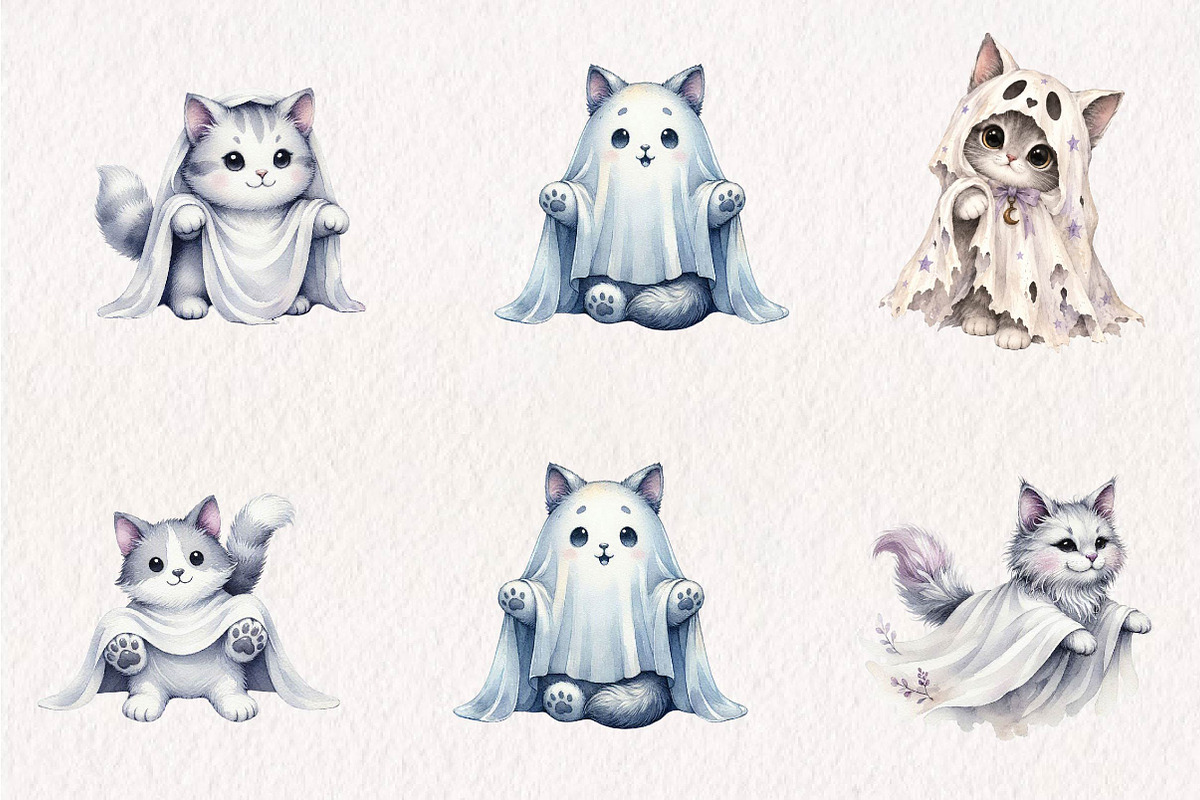 Watercolor Halloween Ghost Cat PNG, a Seasonal Illustration by CreationArt (Photo 2 of 7)