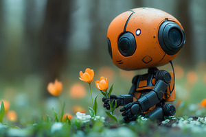 Robot explores a field of orange flo, a Photo by Tanuart