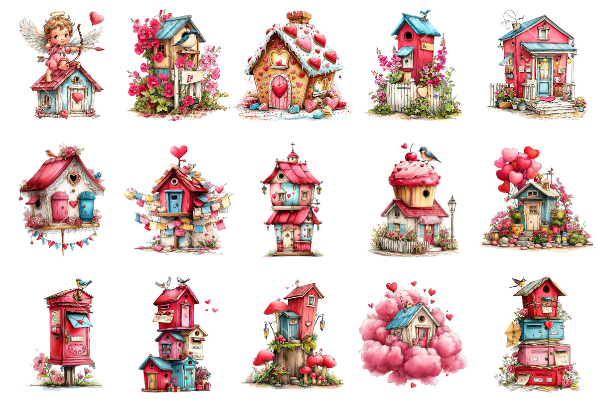 Whimsical Valentine Birdhouse Clipar, an Illustration by OK Design (Photo 3 of 6)