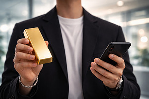 Man holding gold bar and smartphone,, a Photo by Dvoevnore photos