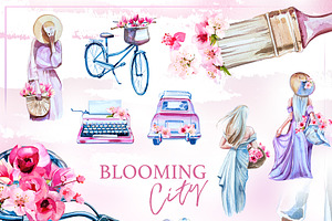 Watercolor Blooming City Clipart Set