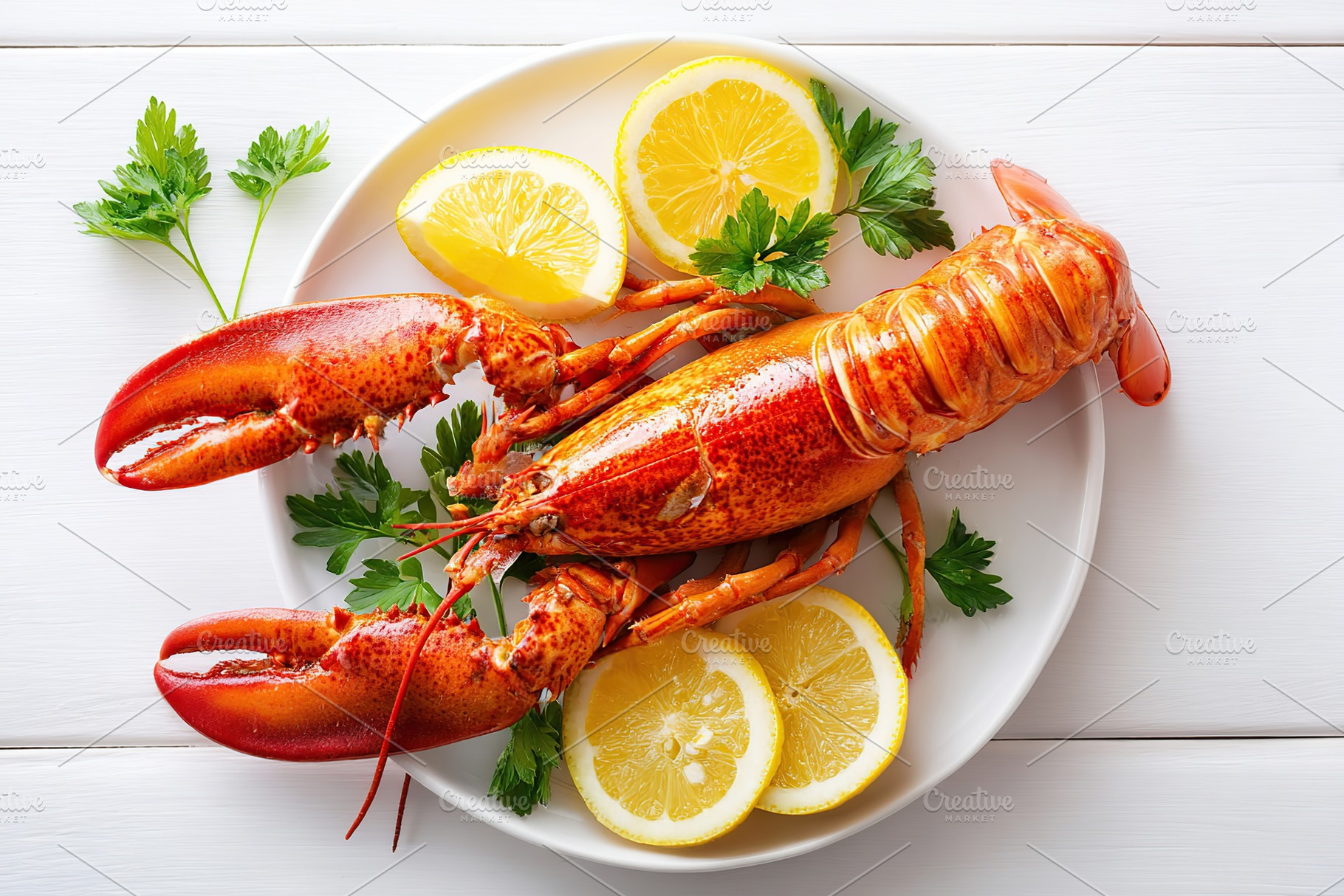 Freshly cooked lobster served with lemon slices on a white plate, an Animal Photo by AlyaAnd