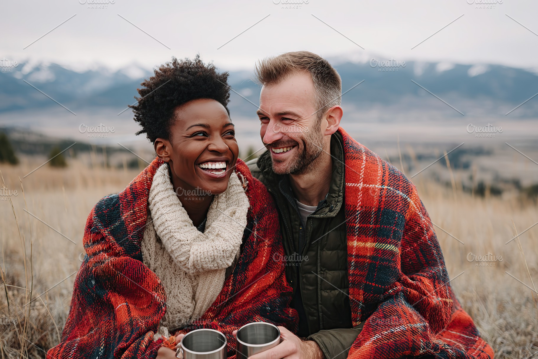 Couple enjoying warm mugs in cozy blankets on a chilly mountain day, a Photo by AlyaAnd