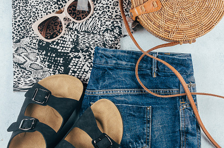 Flat lay with summer clothing featuring accessories, accessory, and background, a Beauty & Fashion Photo by Anikona