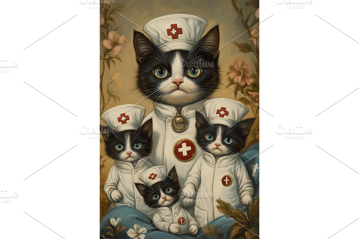 Texudo Cat and Kittens Nurse Outfits, an Animal Illustration by Art Paradise Studios