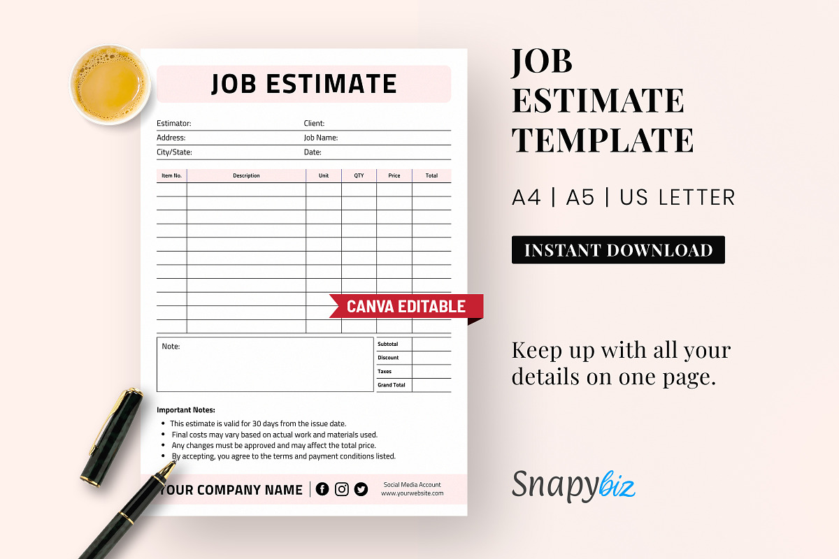 Job Estimate Template, a Print Template by Snapybiz (Photo 1 of 9)