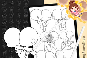 100 Procreate Chibi Couple Stamp, a Brush Add-On by DrawingStoryShop