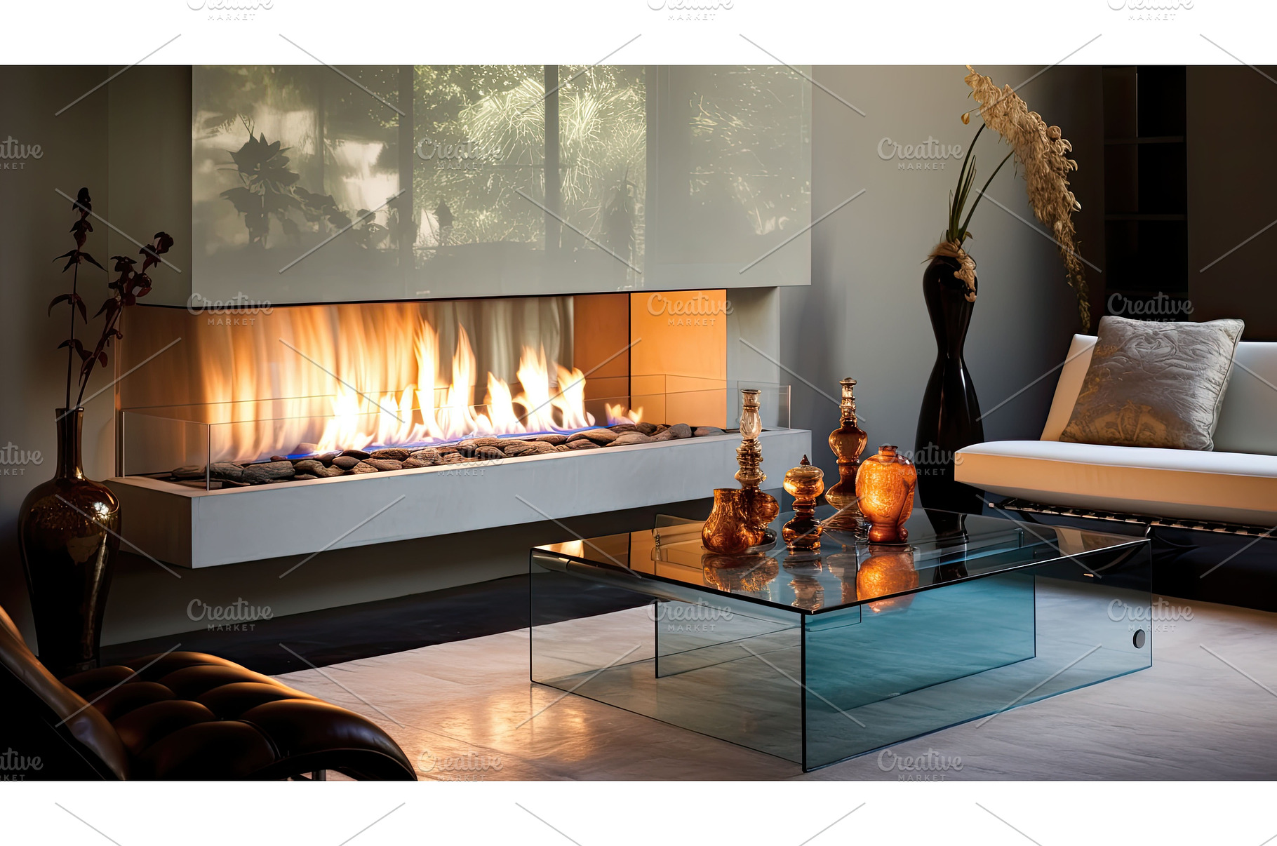 modern glass fireplace ai generated, an Architecture Photo by pikepicture