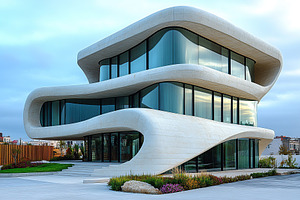 Beautiful futuristic facade of house building, an Architecture Photo by AlyaAnd
