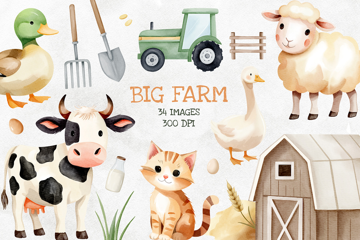 Watercolor Farm Clipart. 34 Elements, an Animal Illustration by Hanna's ArtLab (Photo 1 of 6)