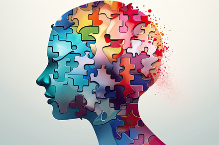 Image of a human head made up of puzzle pieces with vivid colors. Generative AI, a Background Photo by José Manuel Gelpi