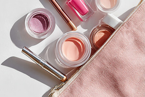 Beauty products arranged on a clean surface near a pink cosmetics bag with vibr, a Beauty & Fashion Photo by AlyaAnd