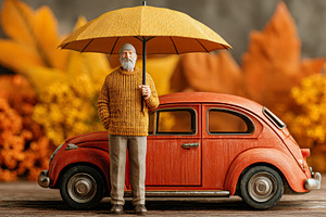 Miniature red car and man holding orange umbrella in autumn background, a Photo by AS photostudio