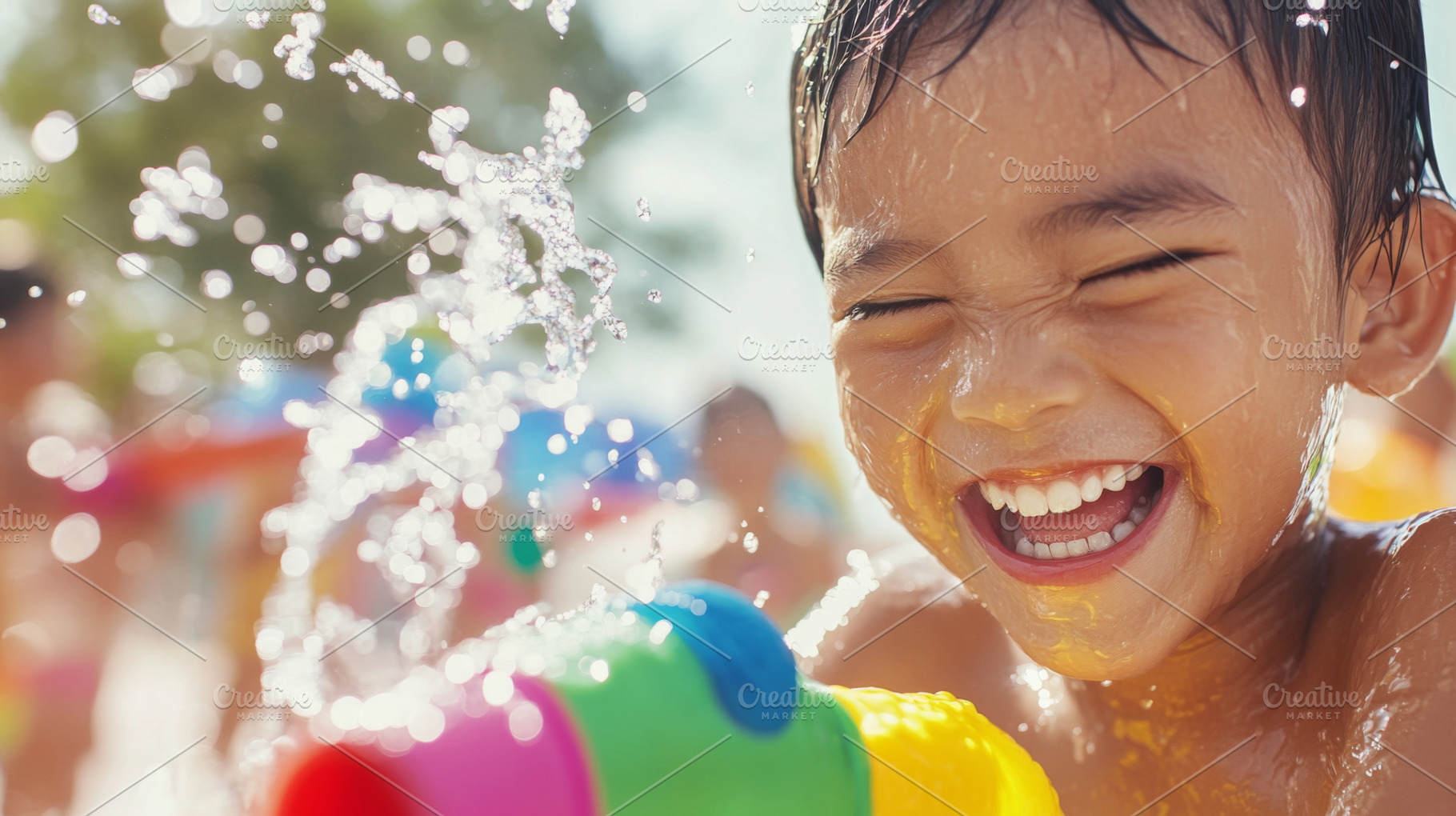 Thai Children celebrating Songkran festival with water fights on, a Photo by Dvoevnore photos